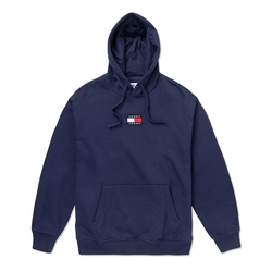 TOMMY 熱銷寬版貼布LOGO厚磅內刷毛圖案連帽T恤-深藍色