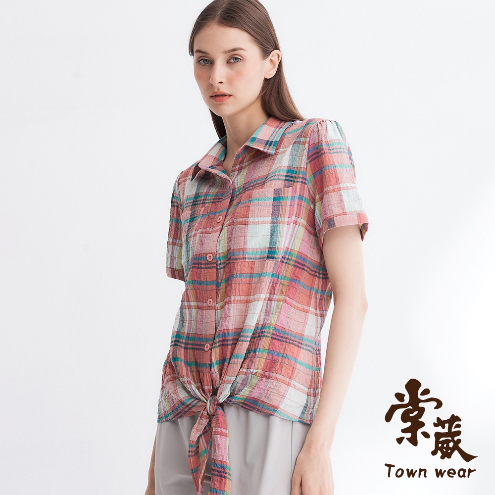 【TOWNWEAR棠葳】撞色格紋綁帶純棉襯衫(中大尺碼/女上衣/口袋/翻領/短袖)