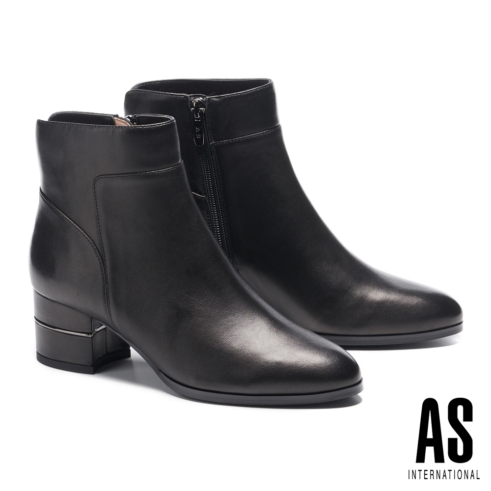 短靴 AS 簡約率性接版造型全真皮尖頭高跟短靴－黑