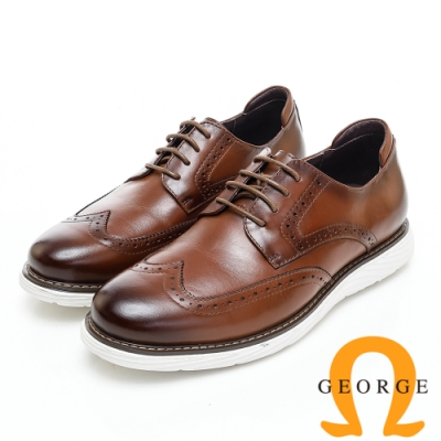 GEORGE 喬治皮鞋 輕量系列 經典漸層雕花綁帶厚底休閒鞋-棕色