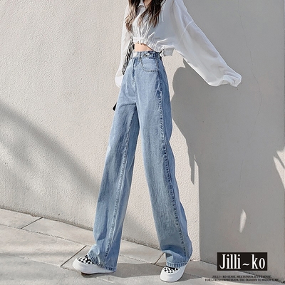 JILLI-KO 多扣可調直筒牛仔褲女高腰顯瘦寬鬆中大碼- 淺藍