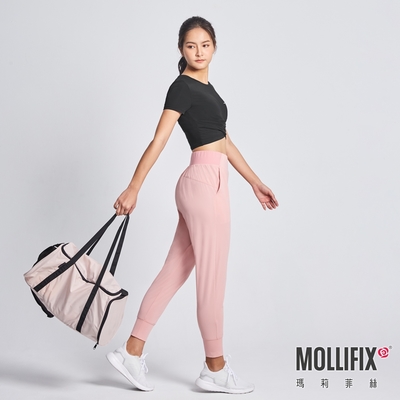 Mollifix 瑪莉菲絲 品牌標語前交疊短版上衣、瑜珈服 (黑)