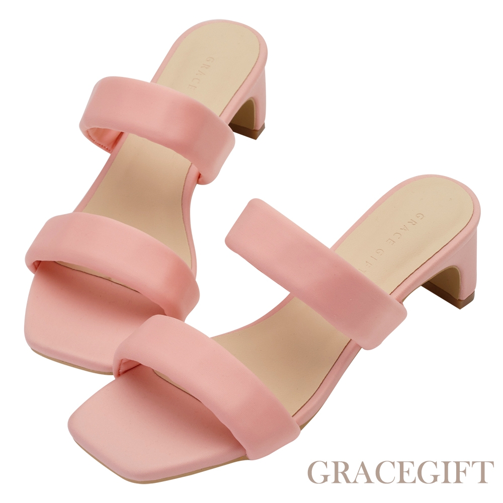 【Grace Gift】俐落斜方頭雙帶中跟拖鞋 粉紅
