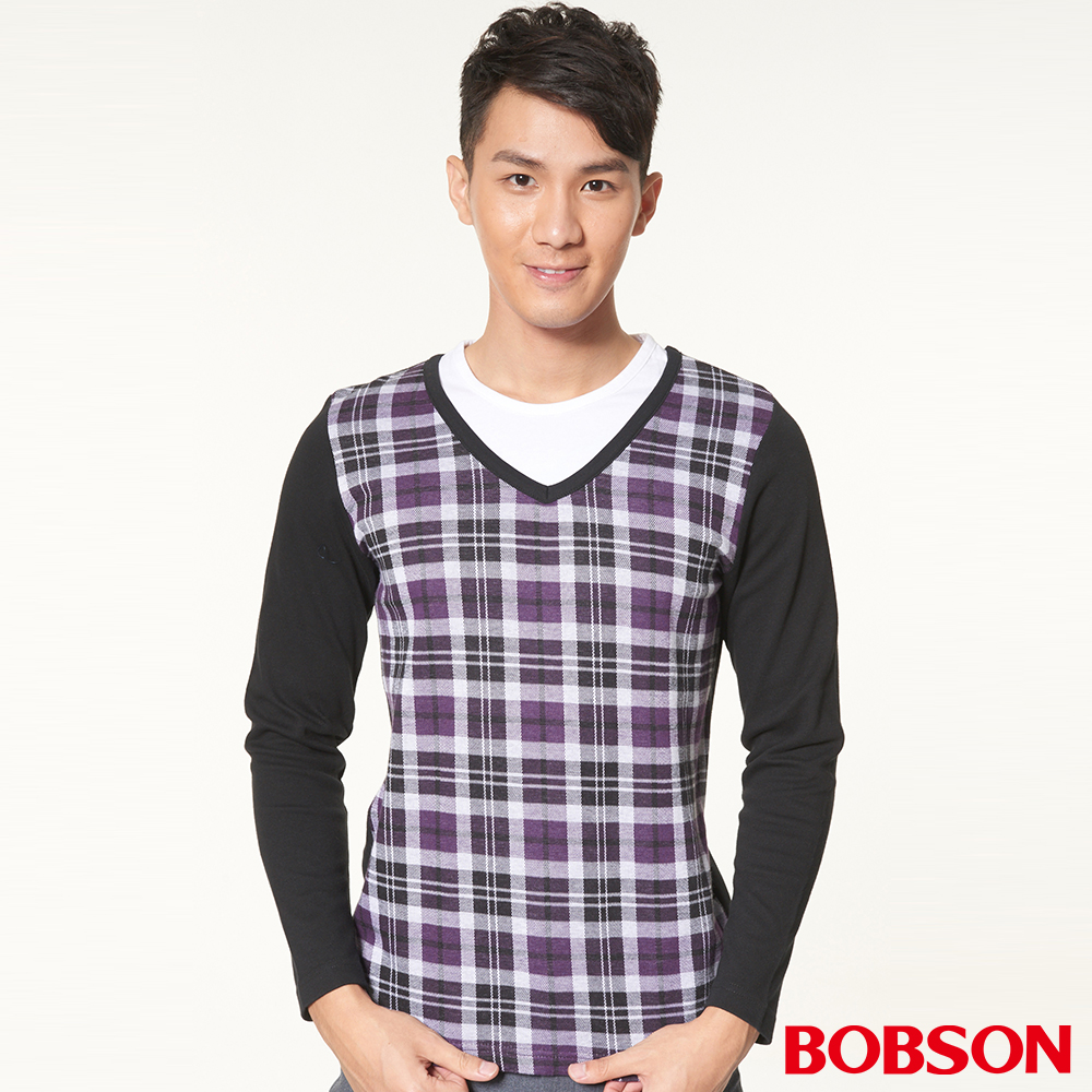 BOBSON 男款合身版仿兩式長袖上衣(紫63)