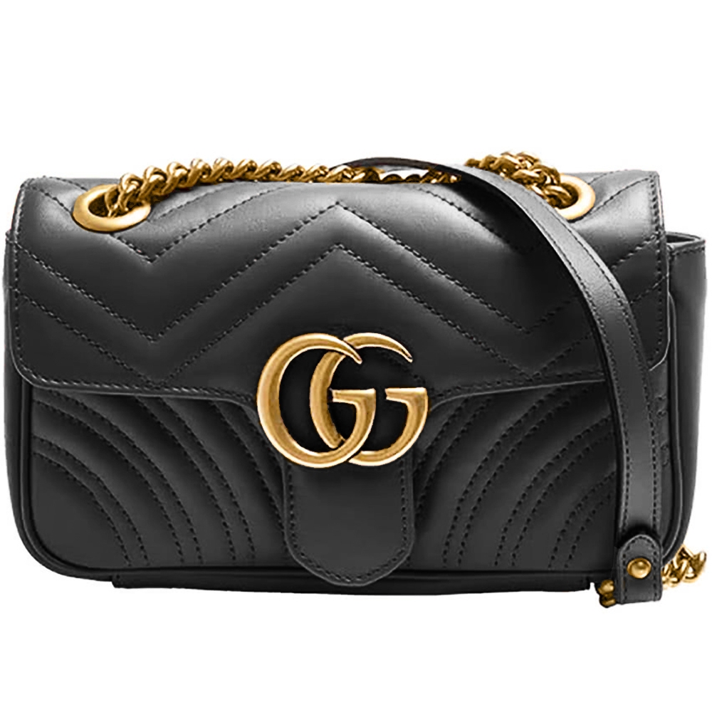 【GUCCI 古馳】446744 經典Marmont matelasse仿舊金色雙G LOGO牛皮山字車紋壓釦肩/斜背包(黑色)