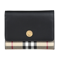 BURBERRY LANCASTER金屬LOGO小牛皮拼接格紋PVC釦式6卡短夾(黑x典藏米)