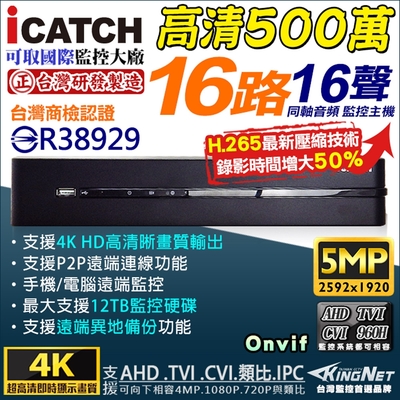 【可取 iCATCH】 台灣製造 監視器 500萬 16路1聲同軸音頻 5MP H.265 主機-帝網KingNet