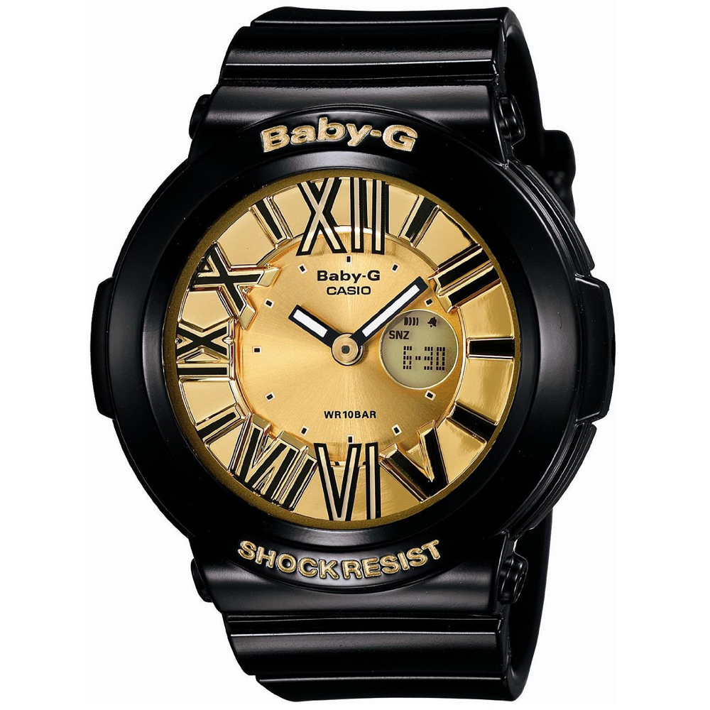 BABY-G 霓虹繽紛夜光羅馬簡約休閒錶(BGA-160-1B)-金x黑/43mm