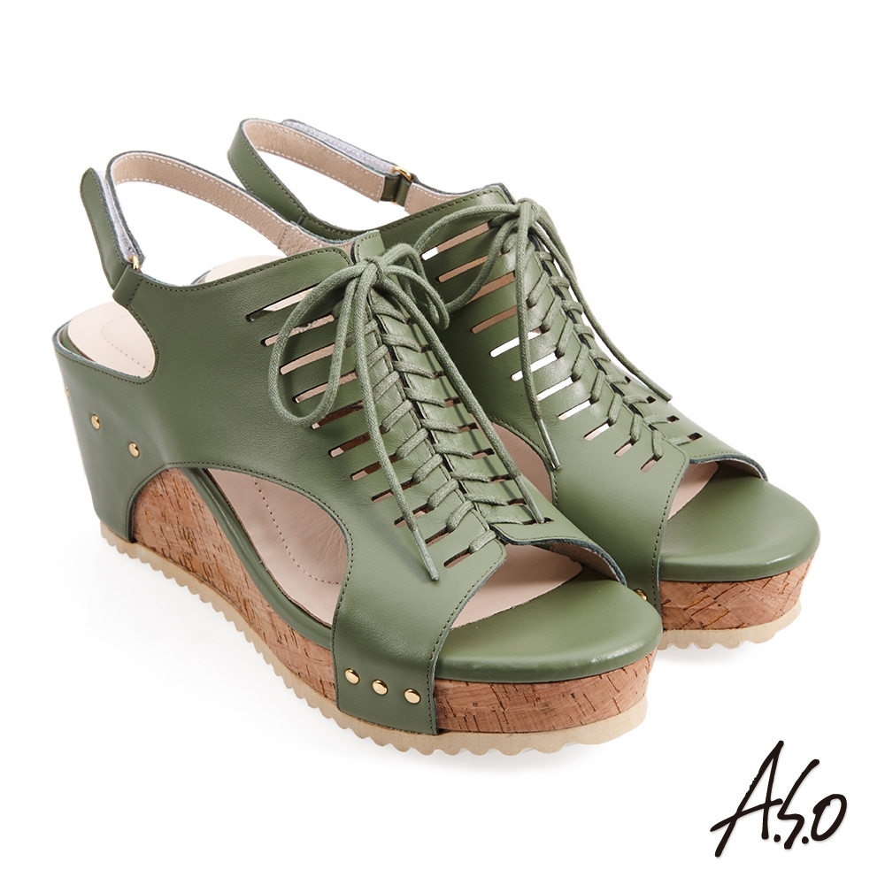 A.S.O 健步美型沖孔簍空厚底涼鞋-正綠 product image 1
