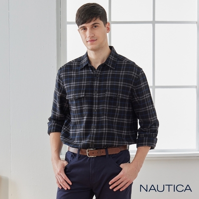 Nautica 男裝 百搭休閒格紋長袖襯衫-黑