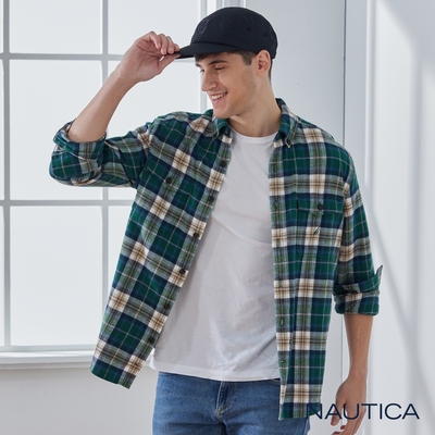 Nautica 男裝 率性休閒格紋長袖襯衫-綠