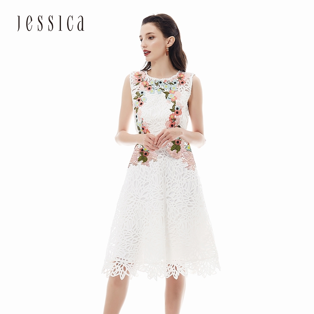 JESSICA - 白色花卉刺繡蕾絲傘狀裙擺無袖洋裝