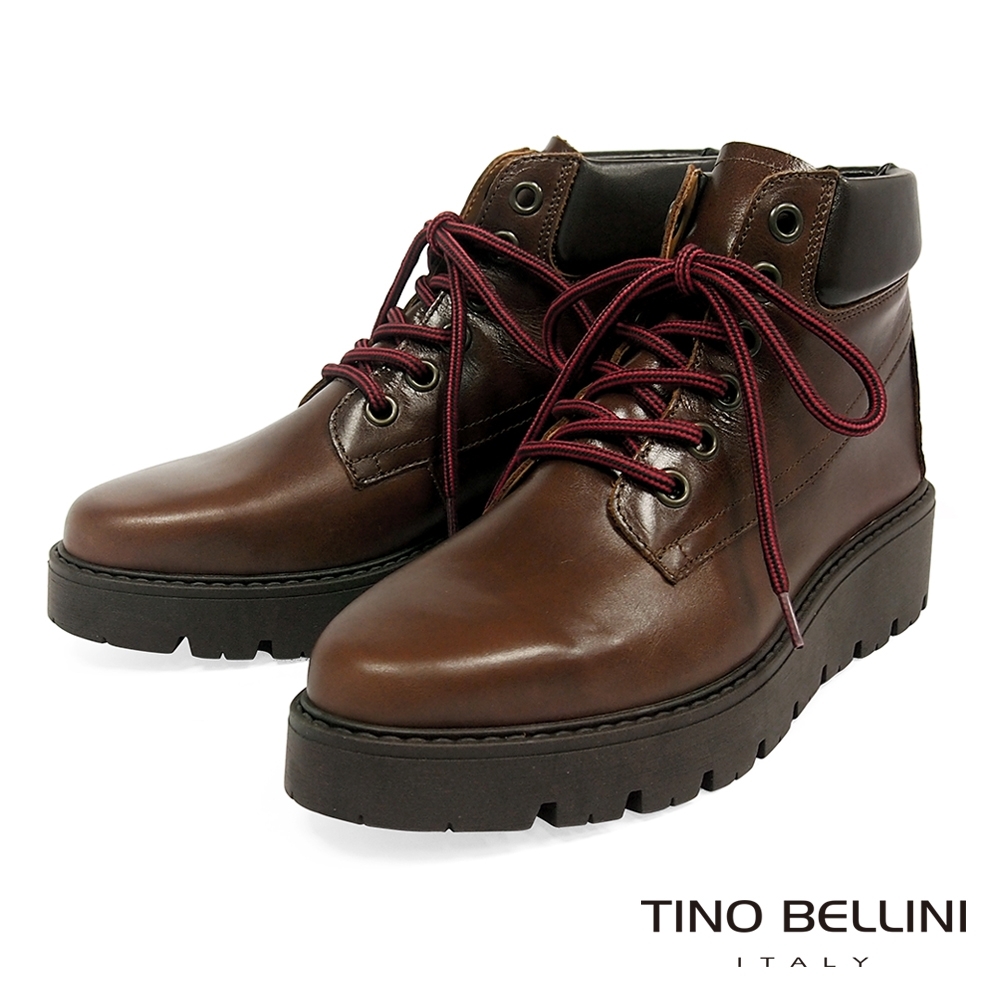 Tino Bellini義大利進口休閒氣勢厚底綁帶短靴_深咖