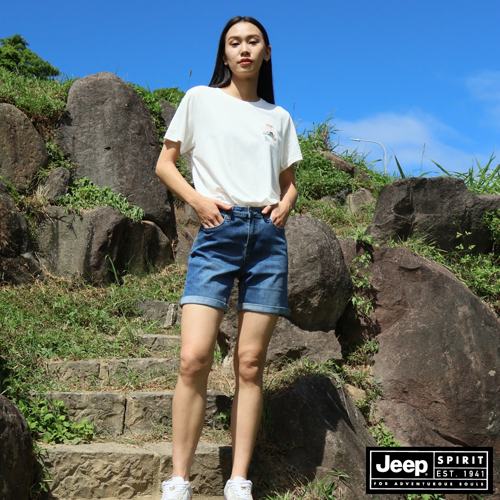 JEEP 女裝 舒適彈性刷色牛仔短褲-藍色