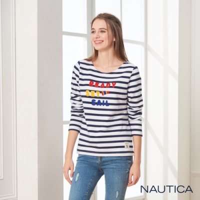 Nautica女裝撞色LOGO刷毛條紋長袖TEE-深藍