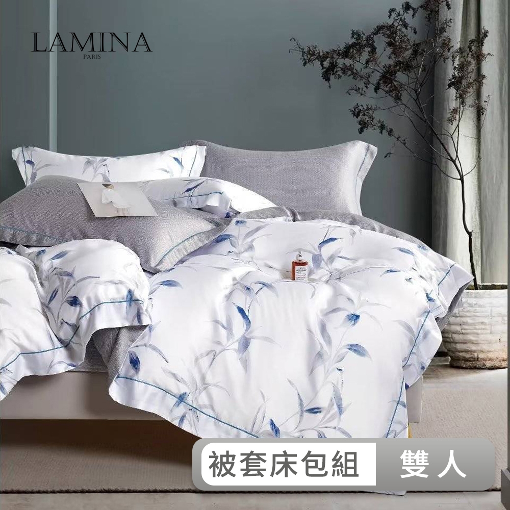 LAMINA 梅芳竹清-藍 雙人 頂級60支100%天絲四件式兩用被套床包組(多款任選)