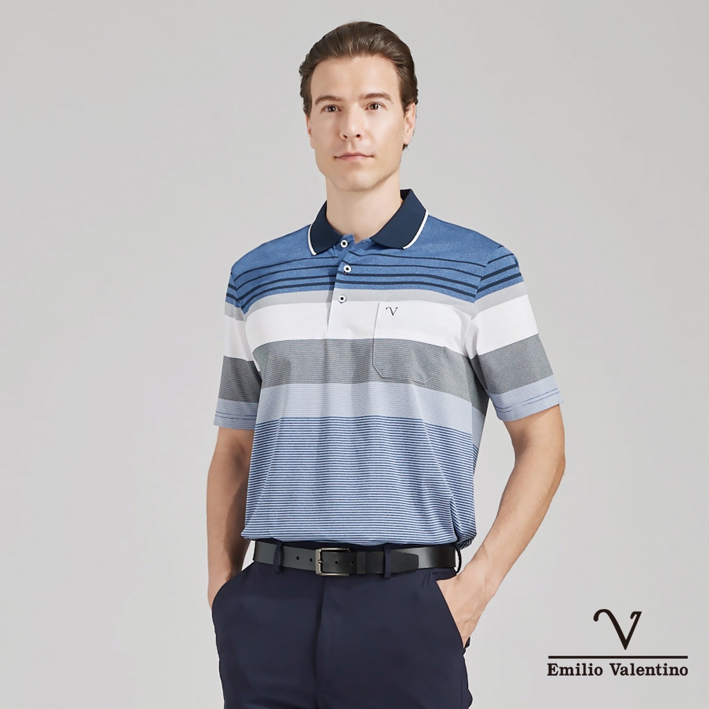 【Emilio Valentino范倫鐵諾】男裝吸排涼感彈性短袖POLO衫-白藍灰(15-4V8906)