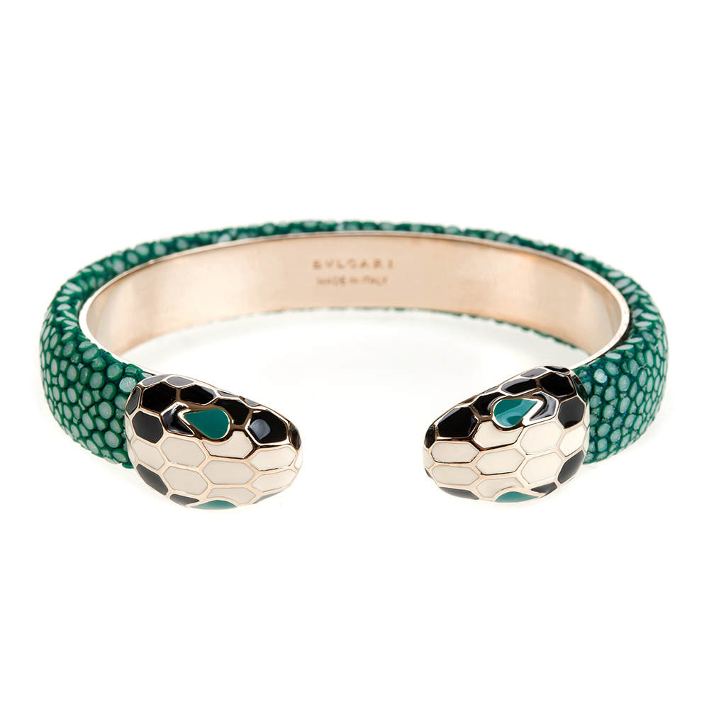BVLGARI 寶格麗 Serpenti系琺瑯雙蛇頭珍珠魚皮手環(祖母綠)