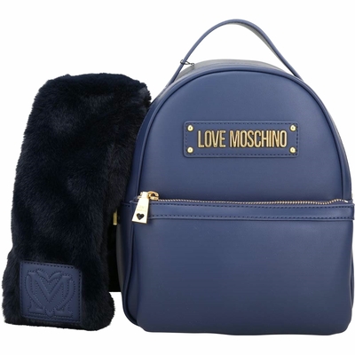 LOVE MOSCHINO 附可拆皮草圍巾字母皮革後背包(深藍色)