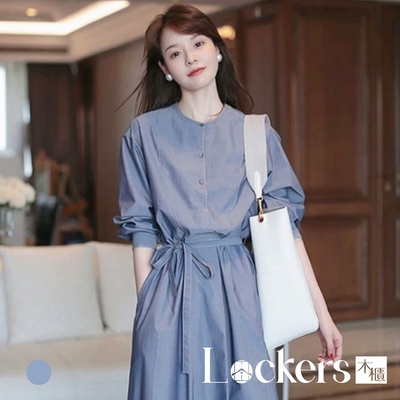 【Lockers 木櫃】秋季藍色牛仔復古連衣裙 L111092608