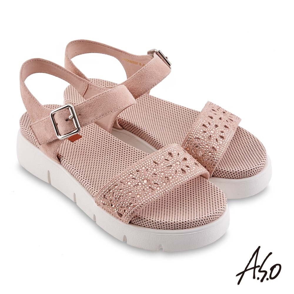 A.S.O 機能休閒 夏季輕量花型沖孔燙鑽休閒涼鞋-卡其