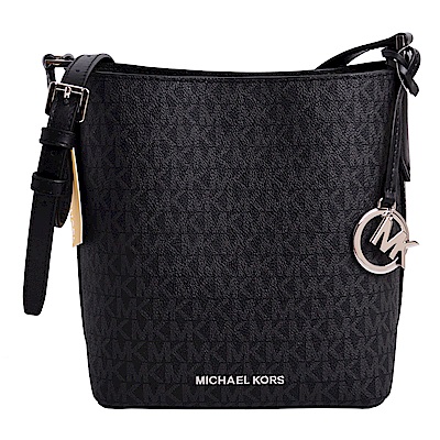 MICHAEL KORS KIMBERLY 銀字LOGO滿版防刮皮革斜背水桶包-黑