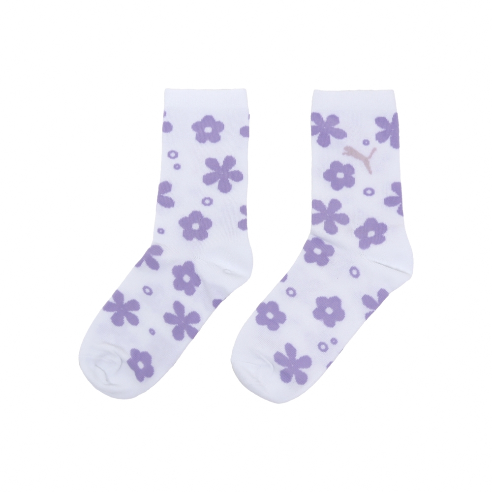 Puma 休閒襪 Fashion Crew Socks 女款 白 紫 花花 長襪 中筒襪 襪子 BB147201