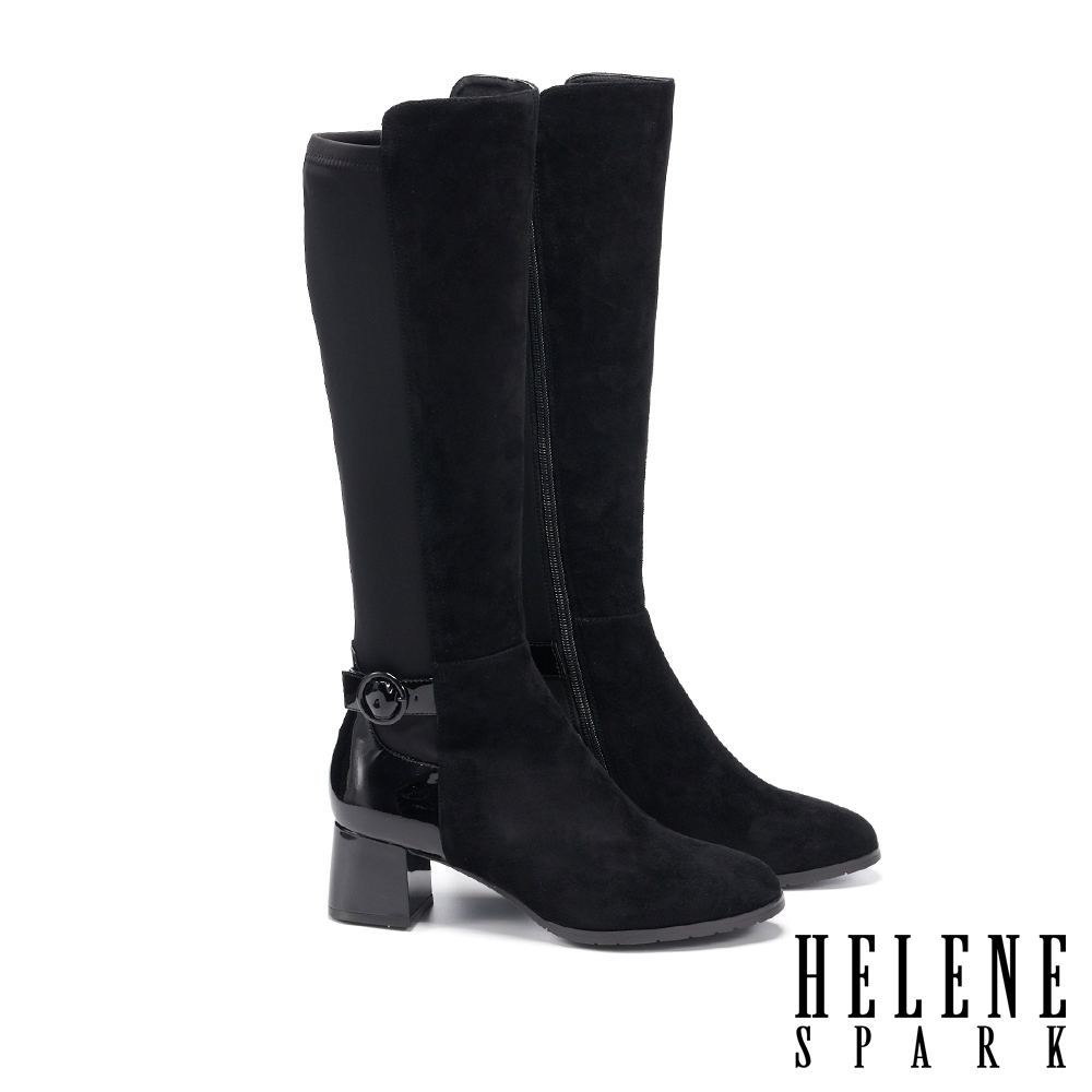 長靴 HELENE SPARK 率性時髦異材質拼接粗高跟長靴－黑