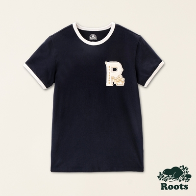 Roots女裝-#Roots50系列 刺繡大R有機棉短袖T恤-軍藍色