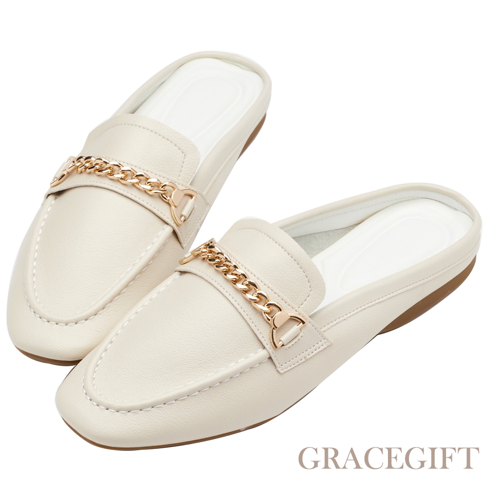 【Grace Gift】極簡馬銜扣平底穆勒鞋 米白
