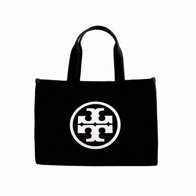 TORY BURCH  Ella 白標字LOGO 帆布肩背托特包(黑色)大款