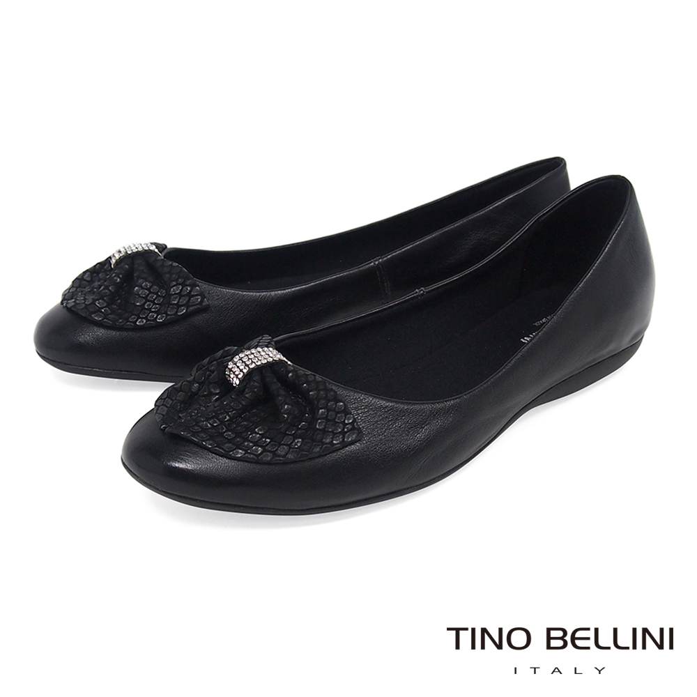 Tino Bellini 巴西進口鑽飾寬版蛇紋領結平底娃娃鞋 _ 黑