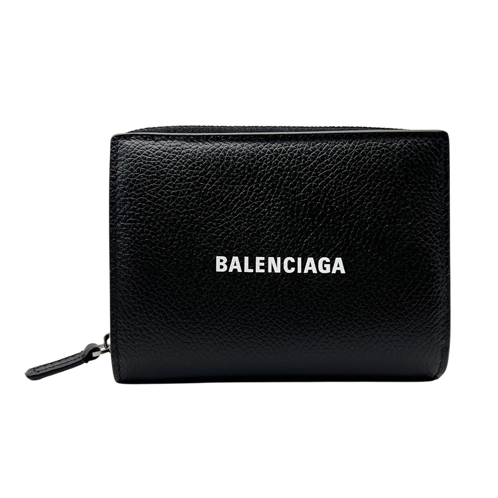 Balenciaga 品牌印花logo牛皮釦式零錢袋短夾(650879-黑)