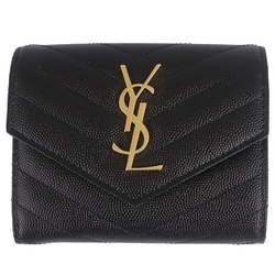 YSL MONOGRAM 黑色V型粒面壓紋牛皮金字三折短夾