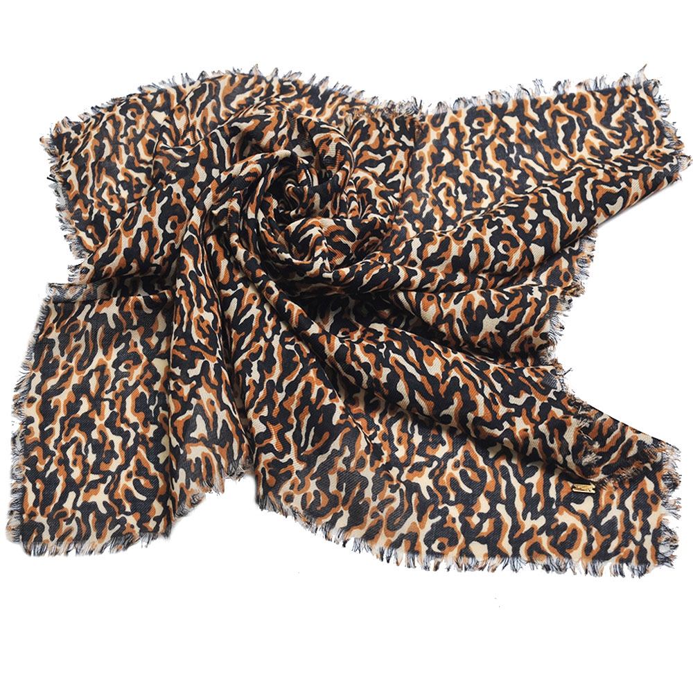 YSL SAINT LAURENT PARIS 經典品牌金屬LOGO豹紋造型100%羊毛大領巾(咖啡色系)