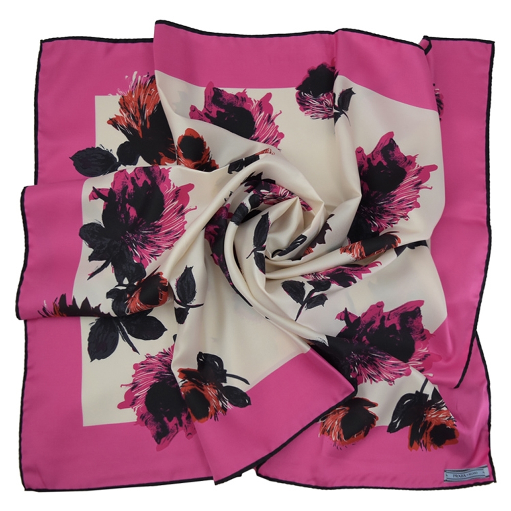 PRADA 玫瑰造型純蠶絲大方巾/絲巾(紫紅/白)