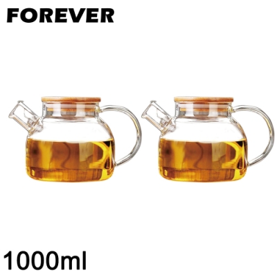 日本FOREVER 日式竹蓋耐熱玻璃把手花茶壺1000ML-2入/組