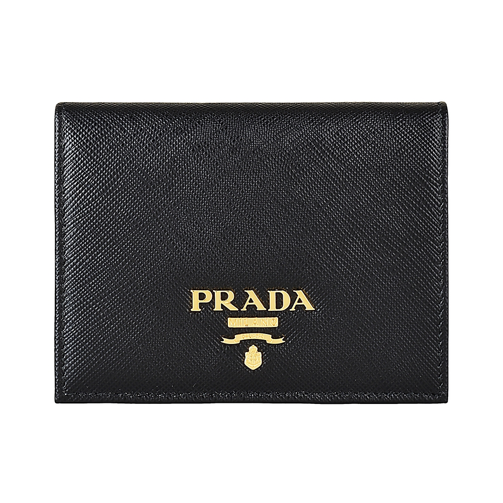 PRADA SAFFIANO METAL金字LOGO防刮牛皮4卡扣式對折短夾(黑) | 中/短夾