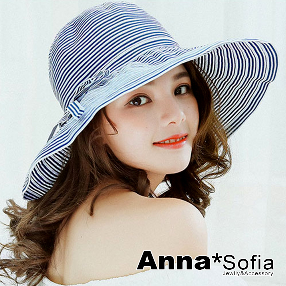 AnnaSofia 海軍條紋層拼綁帶 防曬遮陽寬簷淑女帽(藏藍系)
