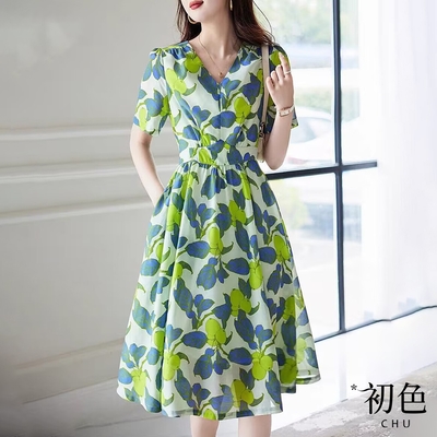 初色 V領文藝氣質印花短袖收腰顯瘦中長裙連身裙洋裝-綠色-68597(M-XL可選)