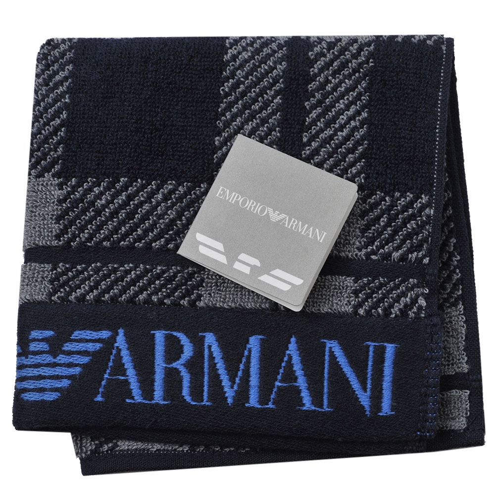 EMPORIO ARMANI MangaBear 日本製蘇格蘭格紋品牌字母LOGO圖騰小方巾(深藍)