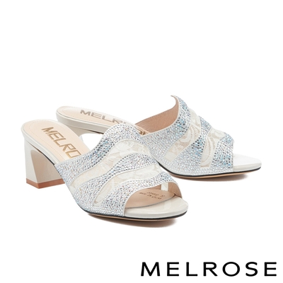 拖鞋 MELROSE 輕奢時尚晶鑽鏤空透膚粗高跟拖鞋－米