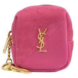 YSL Saint Laurent金屬LOGO素色羊皮方形零錢包(桃)