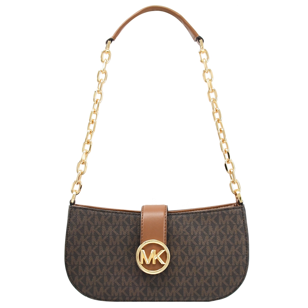 MICHAEL KORS CARMEN 金屬MK LOGO經典印花肩背鍊包/淑女包/腋下包(咖/深咖)