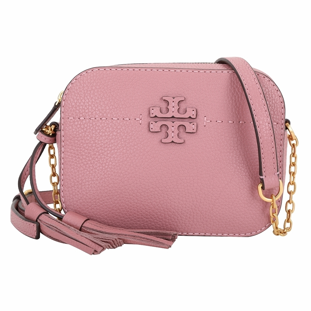 TORY BURCH McGraw 縫線設計流蘇牛皮斜背相機包(粉色)