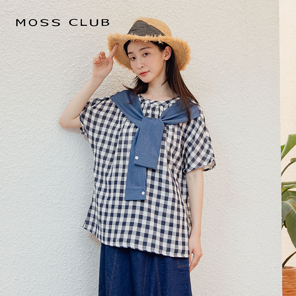 【MOSS CLUB】格紋假兩件披肩設計-女短袖襯衫(藍色/版型適中)