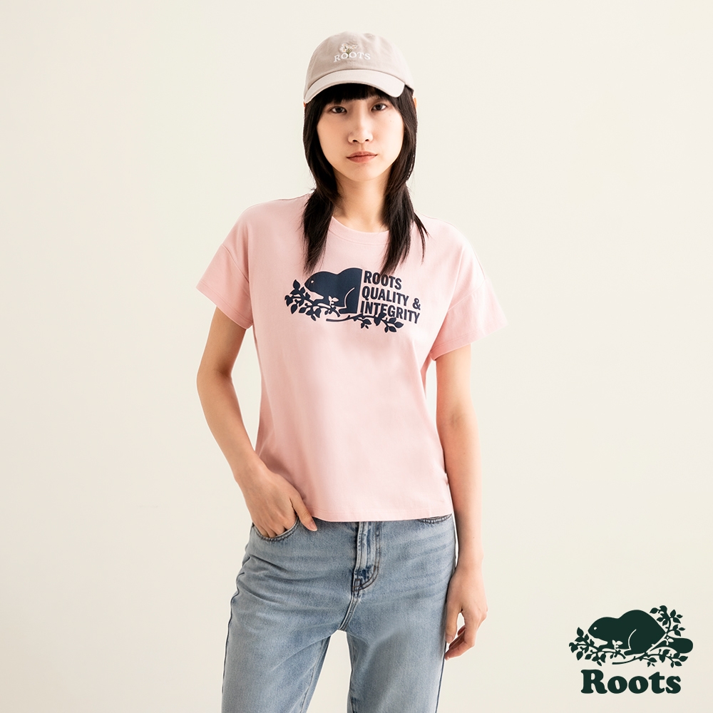 Roots 女裝-摩登都市系列 海狸圖案短版短袖T恤-粉橘色