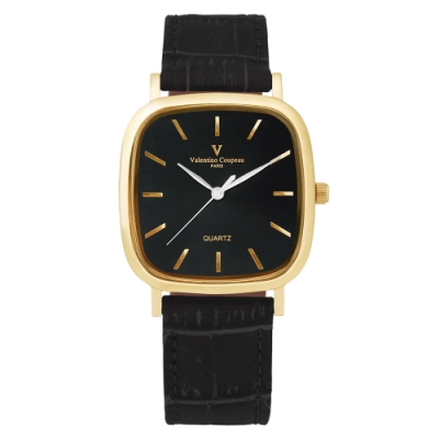 Valentino Coupeau 范倫鐵諾 古柏 經典方型腕錶35mm(金殼/黑面/黑帶)