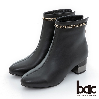 【bac】腳踝皮條鏈帶裝飾金屬粗跟短靴-黑色