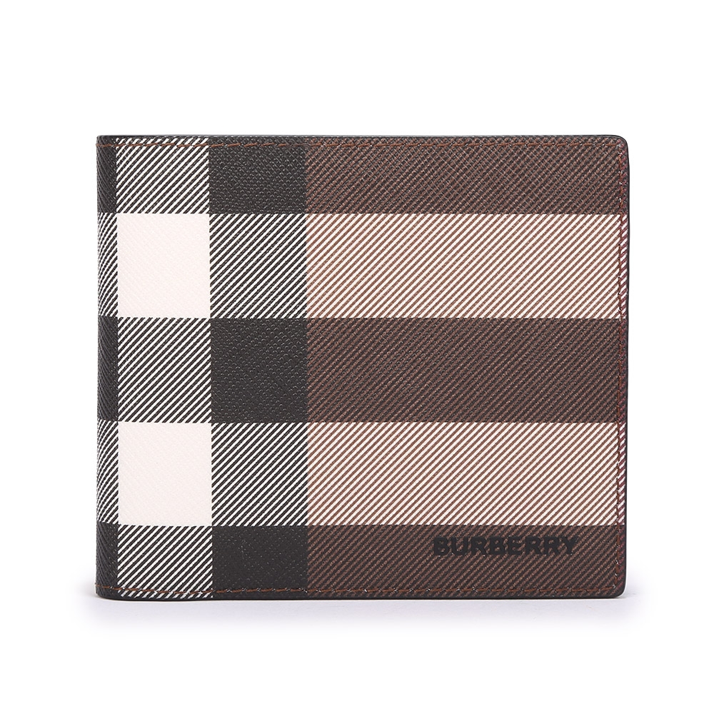 BURBERRY 經典格紋環保帆布多卡夾層對折短夾-暗樺木棕色